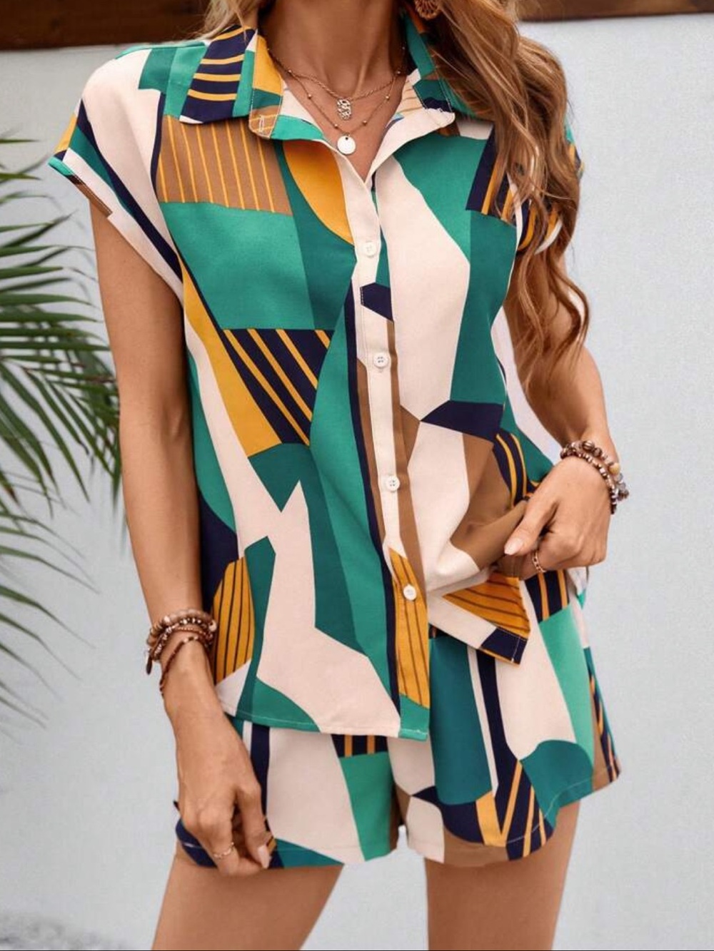 SHEIN VCAY Geo Print Button Down Blouse & Shorts 2-Piece Set - Medium